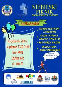 plakat promujący niebieski piknik oraz informujący o miejscu i czasie a takżę przedstawiający przygotowane atrakcje dla mieszkańców powiatu zduńskowolskiego