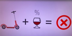 Grafika pokazuje dodawanie: hulajnoga plus kieliszek wina równa się zakaz